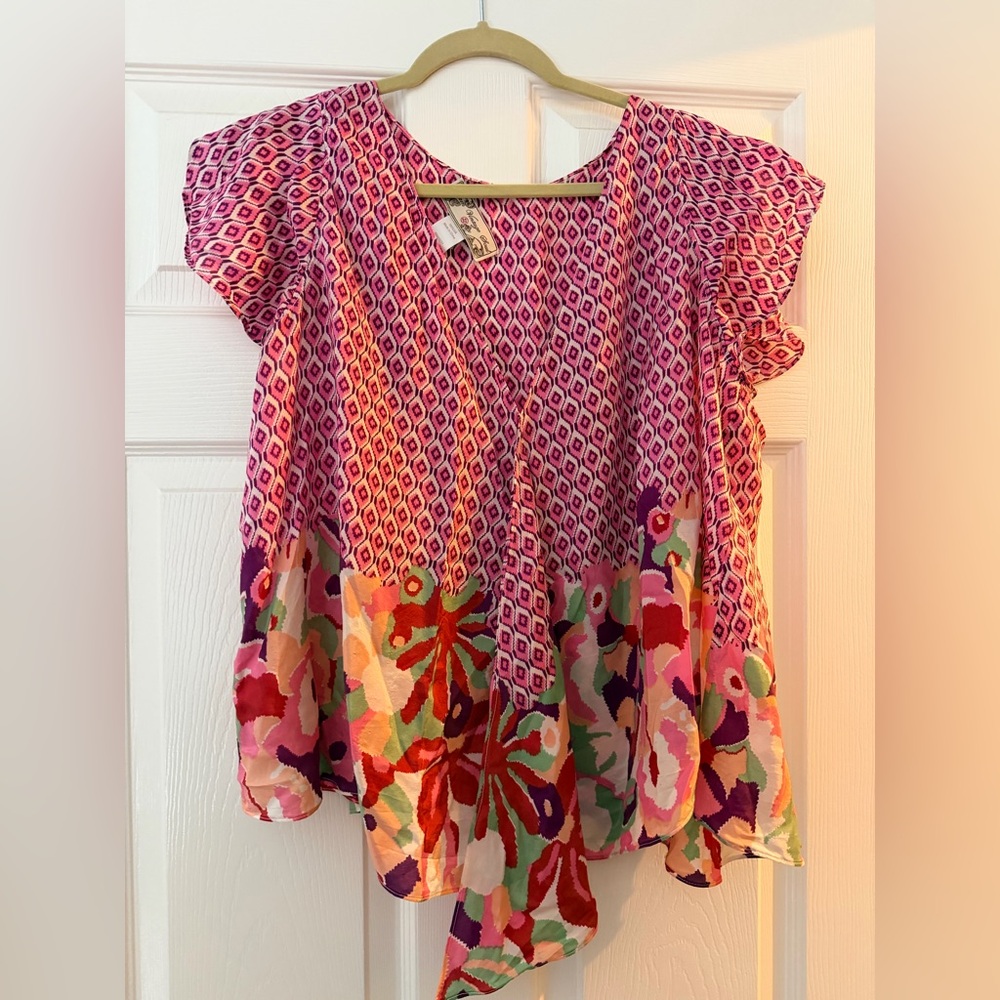 Colorful Women's Top with Geometric and Floral Patterns